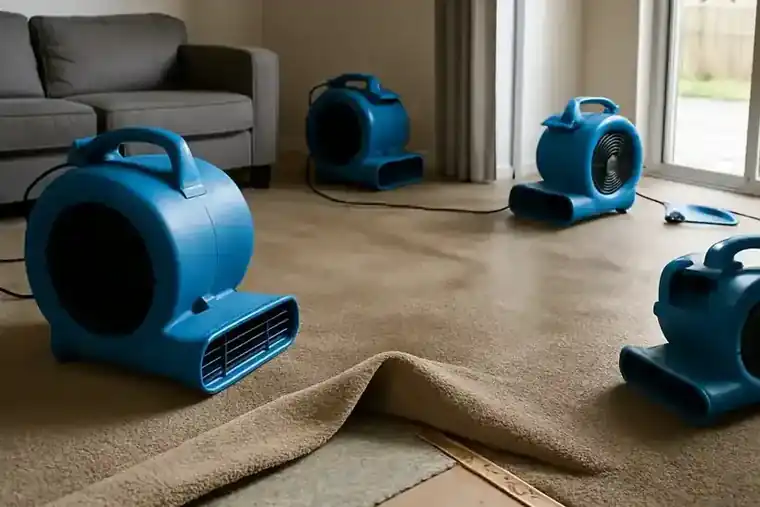 Air movers drying soaked carpet in a Houston living room after water damage