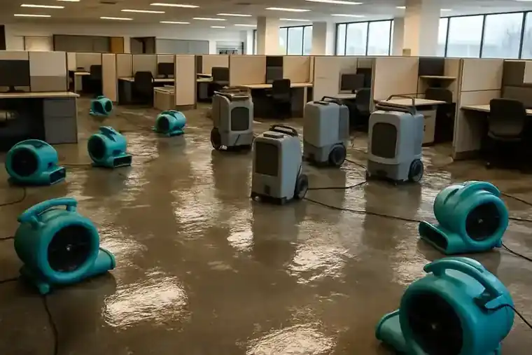 Commercial drying equipment running in a flooded Houston office space