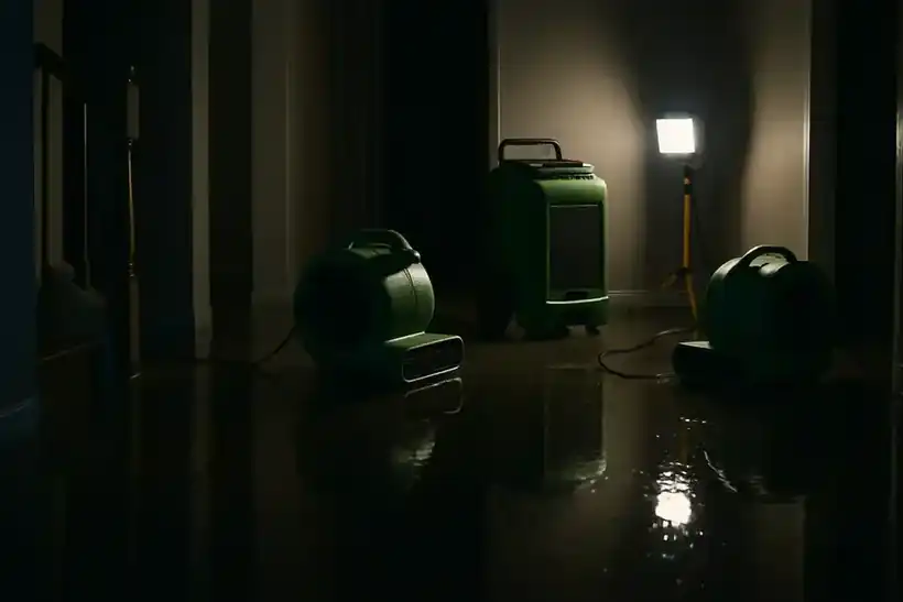 Emergency drying equipment running at night in a flooded Houston home