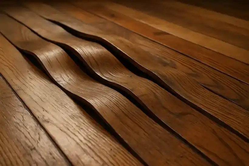 Cupped and buckled hardwood floor in a Houston home after water damage